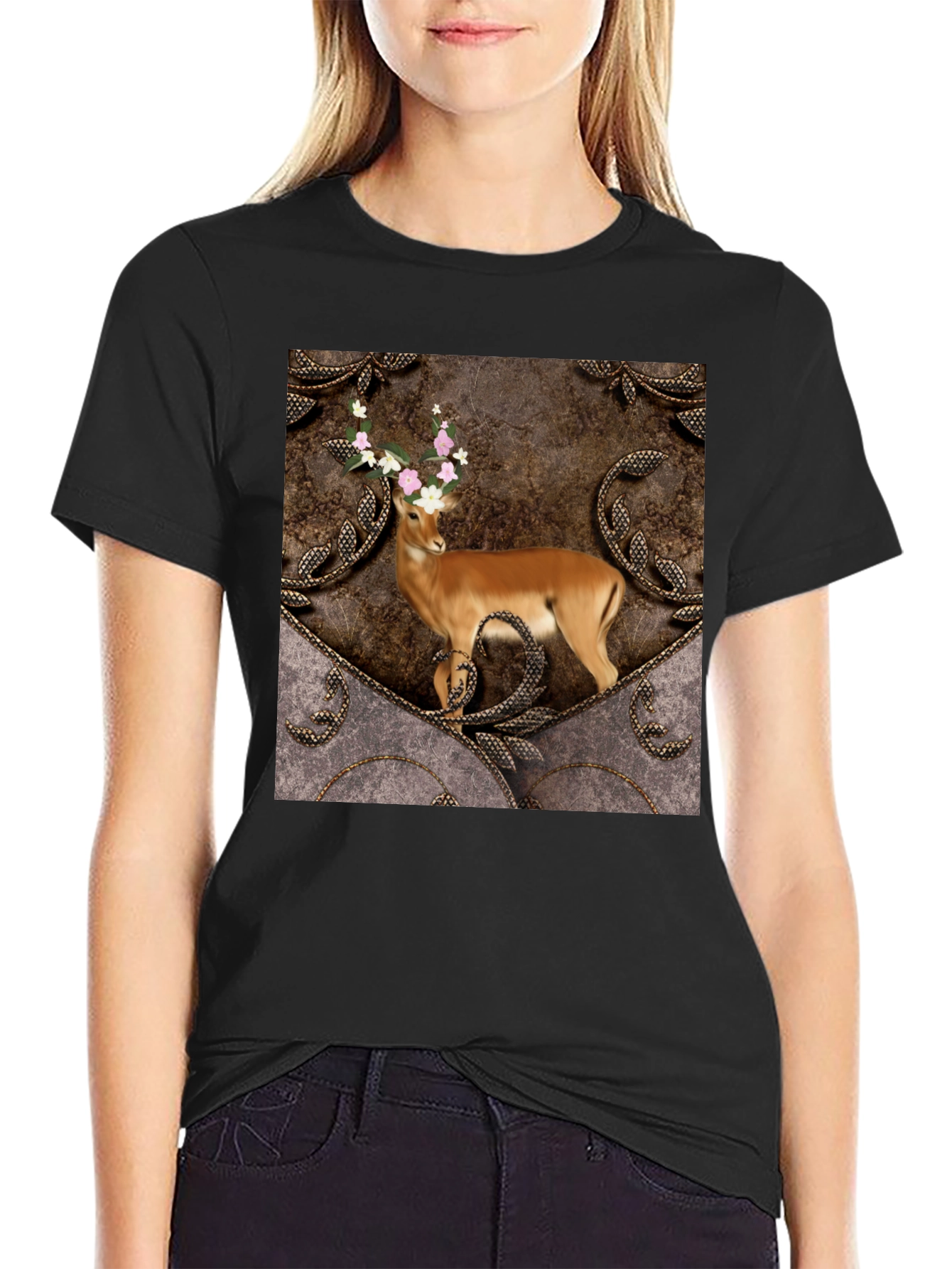 Camiseta Negra con Diseño de Ciervo Floral