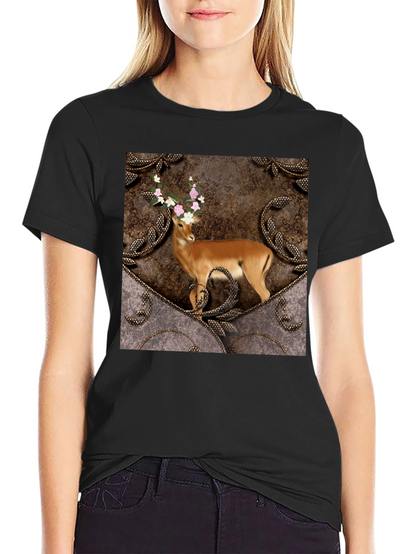 Camiseta Negra con Diseño de Ciervo Floral