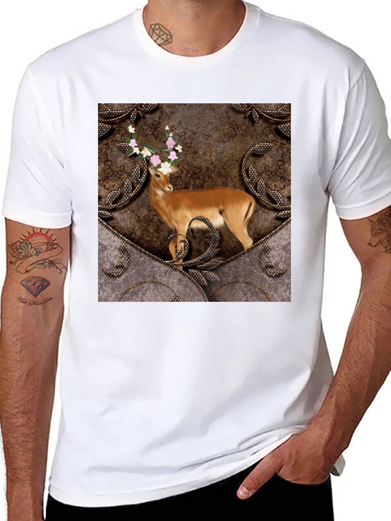 Camiseta Negra con Diseño de Ciervo Floral