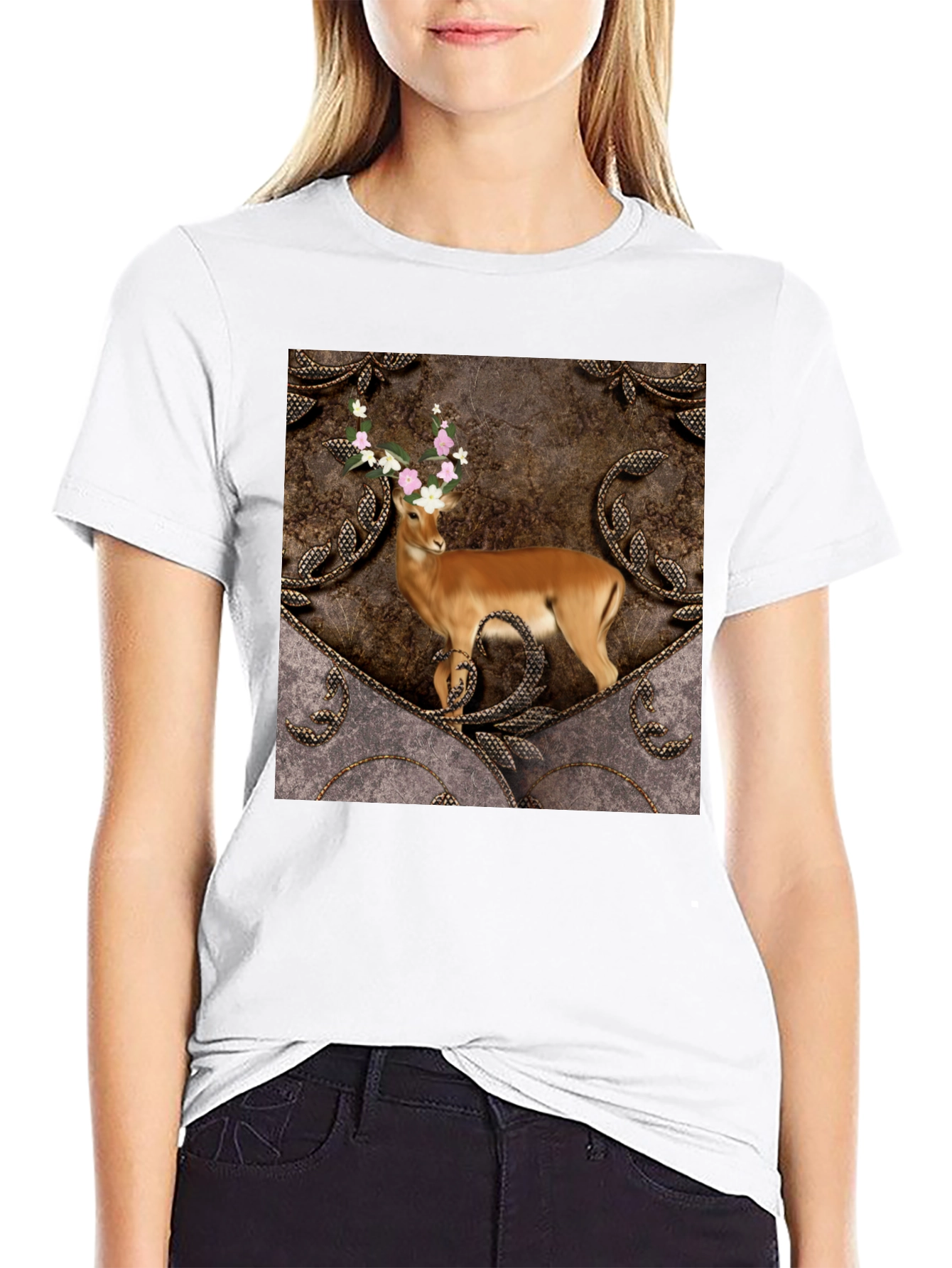 Camiseta Negra con Diseño de Ciervo Floral