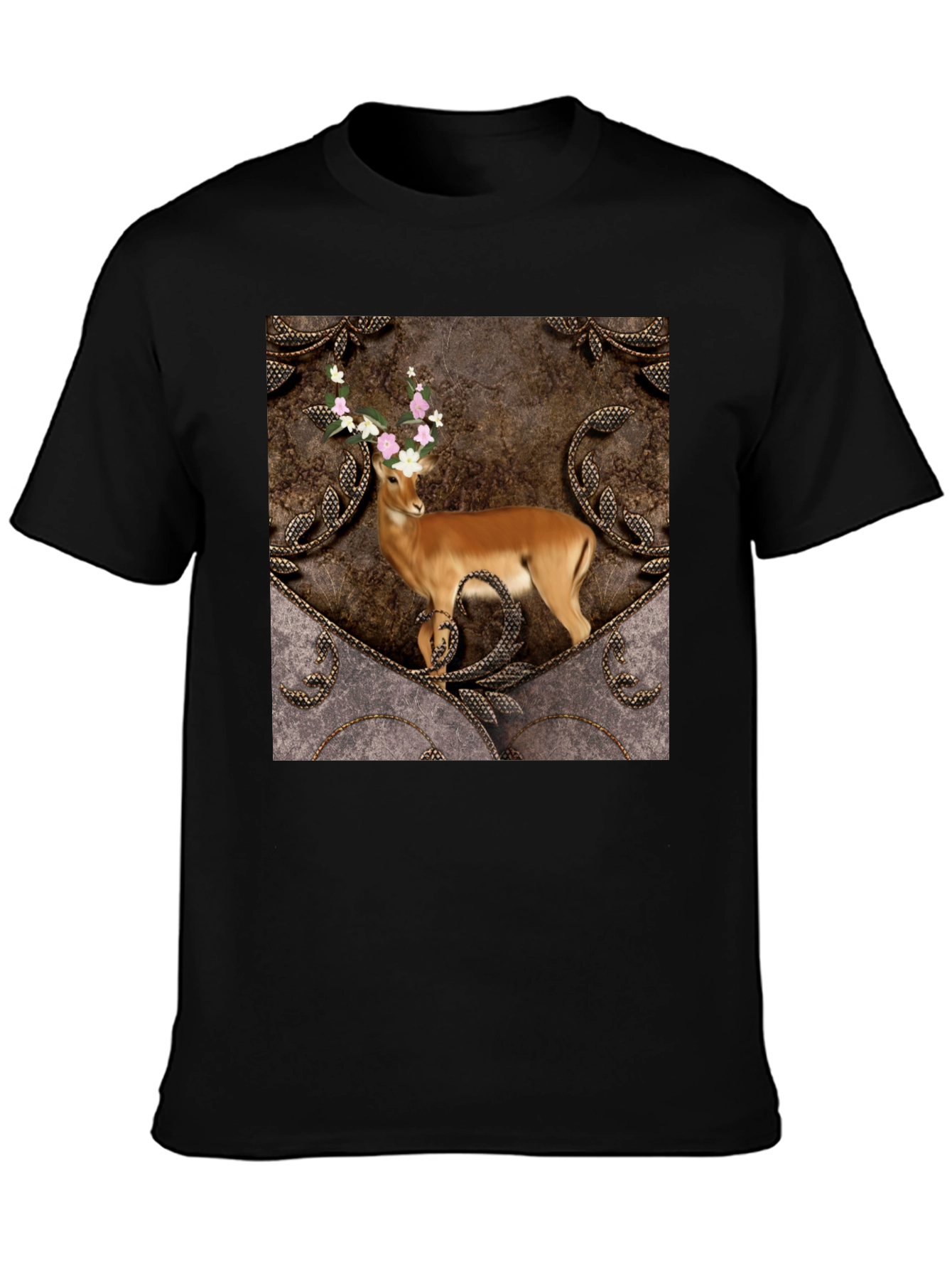 Camiseta Negra con Diseño de Ciervo Floral