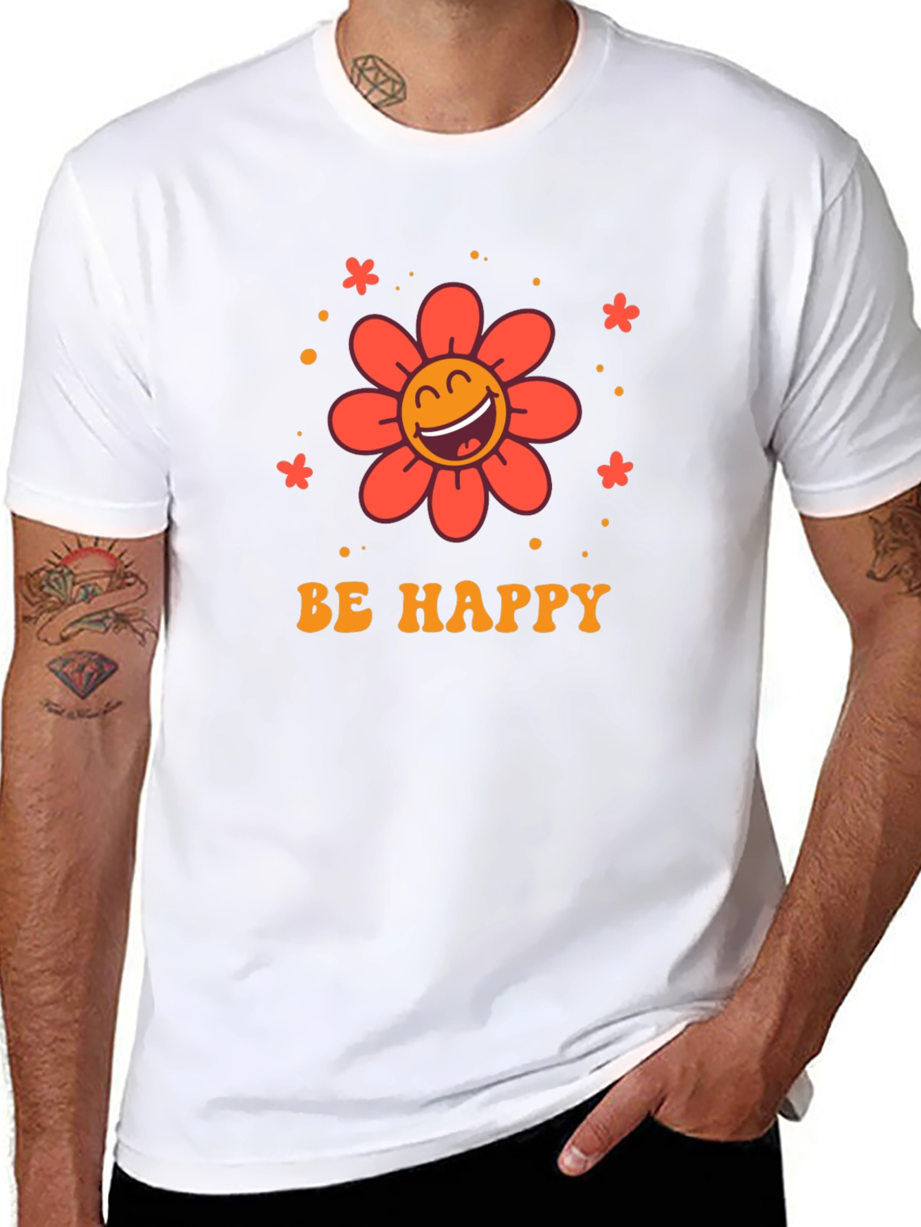 Camiseta Negra con Diseño Floral Sé Feliz