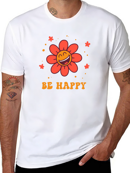 Camiseta Negra con Diseño Floral Sé Feliz