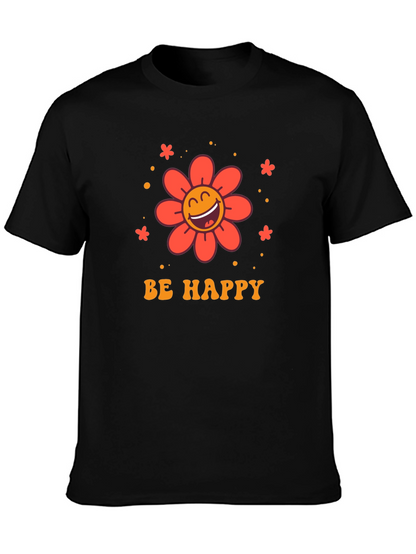 Camiseta Negra con Diseño Floral Sé Feliz