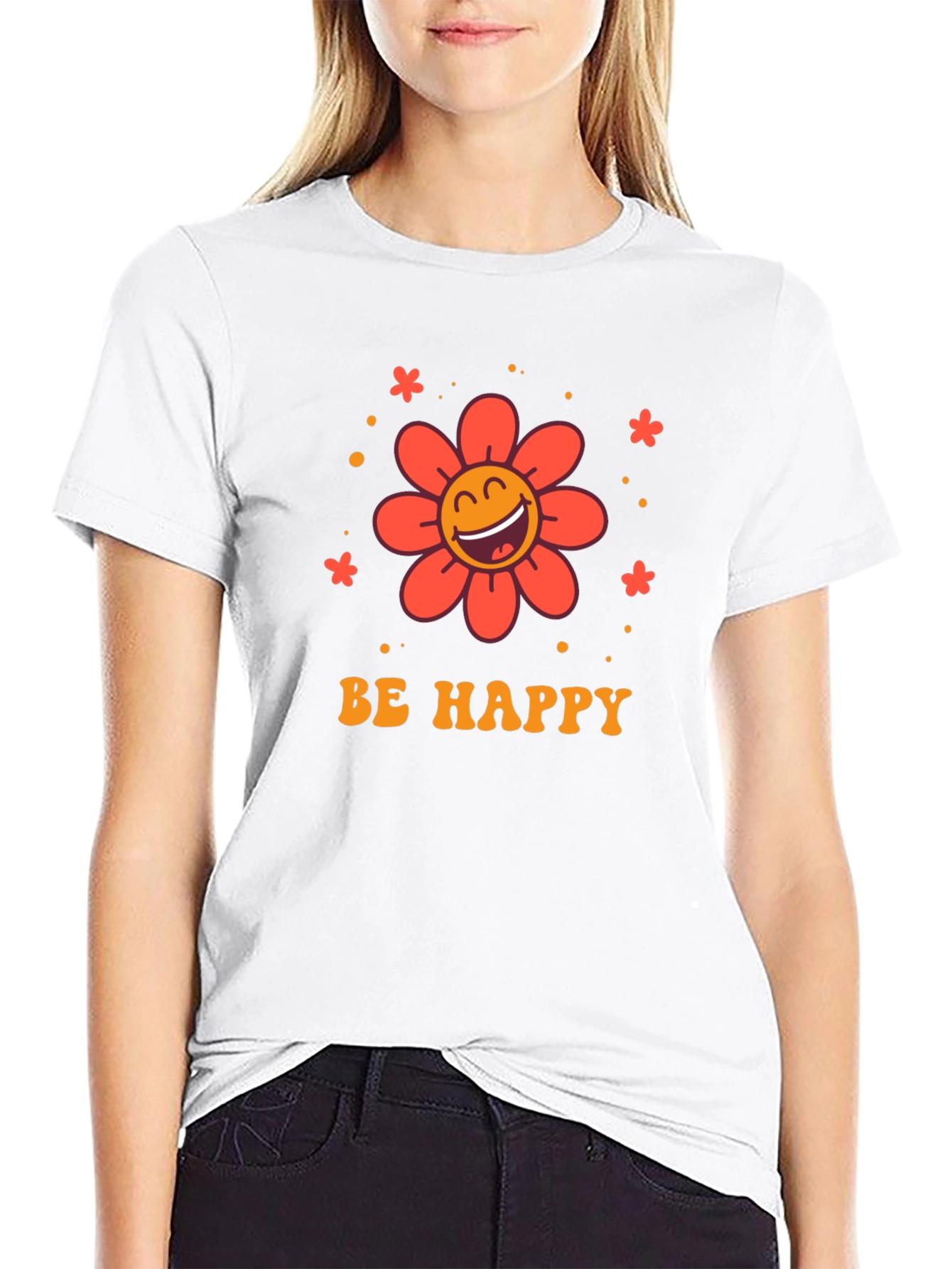 Camiseta Negra con Diseño Floral Sé Feliz