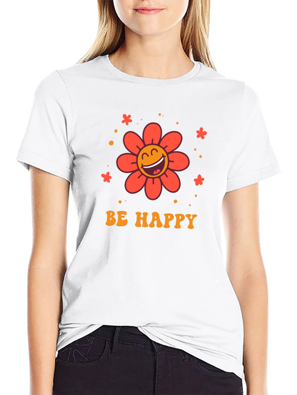 Camiseta Negra con Diseño Floral Sé Feliz