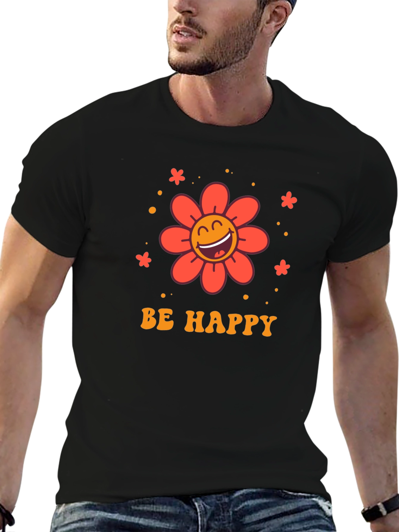 Camiseta Negra con Diseño Floral Sé Feliz