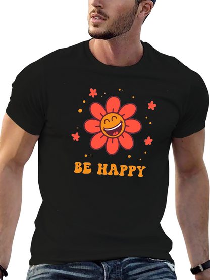 Camiseta Negra con Diseño Floral Sé Feliz