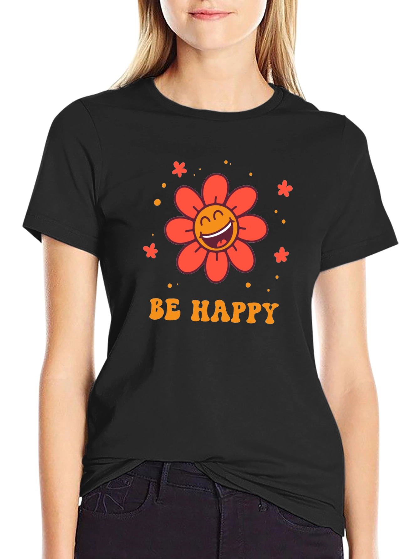 Camiseta Negra con Diseño Floral Sé Feliz