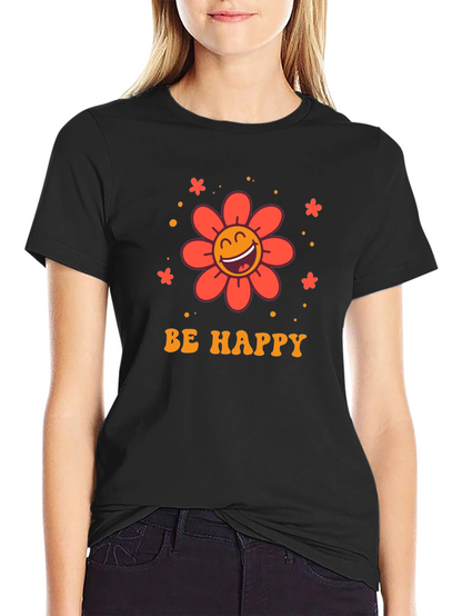 Camiseta Negra con Diseño Floral Sé Feliz
