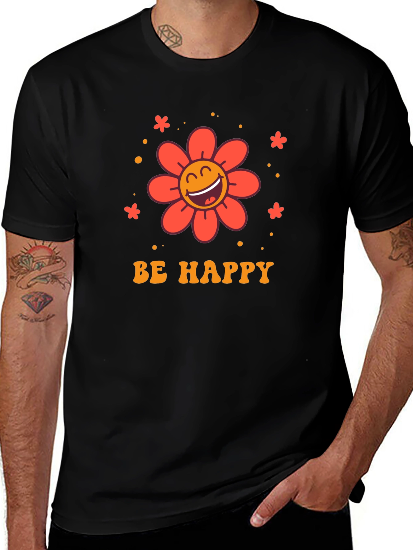 Camiseta Negra con Diseño Floral Sé Feliz