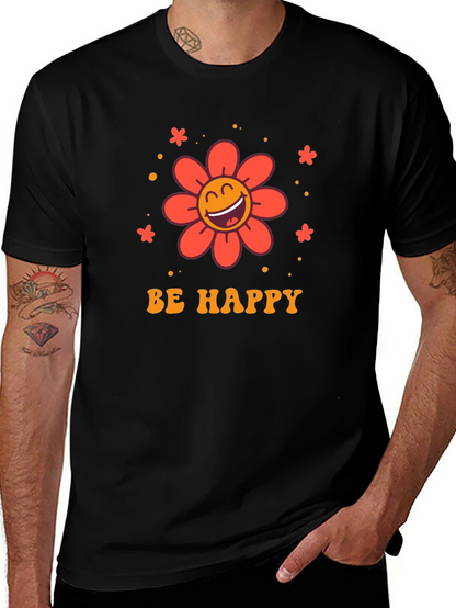 Camiseta Negra con Diseño Floral Sé Feliz