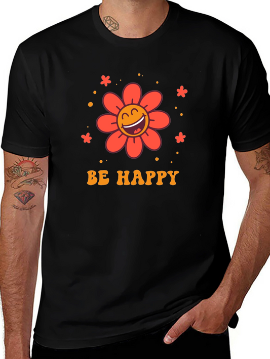 Camiseta Negra con Diseño Floral Sé Feliz