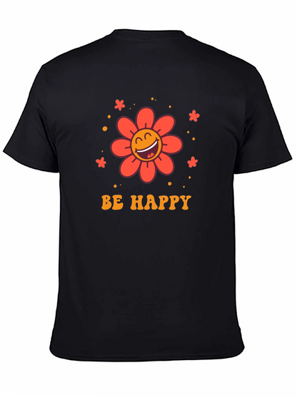 Camiseta Negra con Diseño Floral Sé Feliz