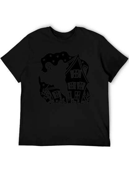Camiseta Negra con Diseño de Casa Embrujada y Fantasma