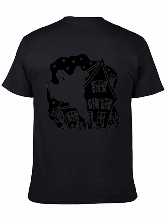 Camiseta Negra con Diseño de Casa Embrujada y Fantasma