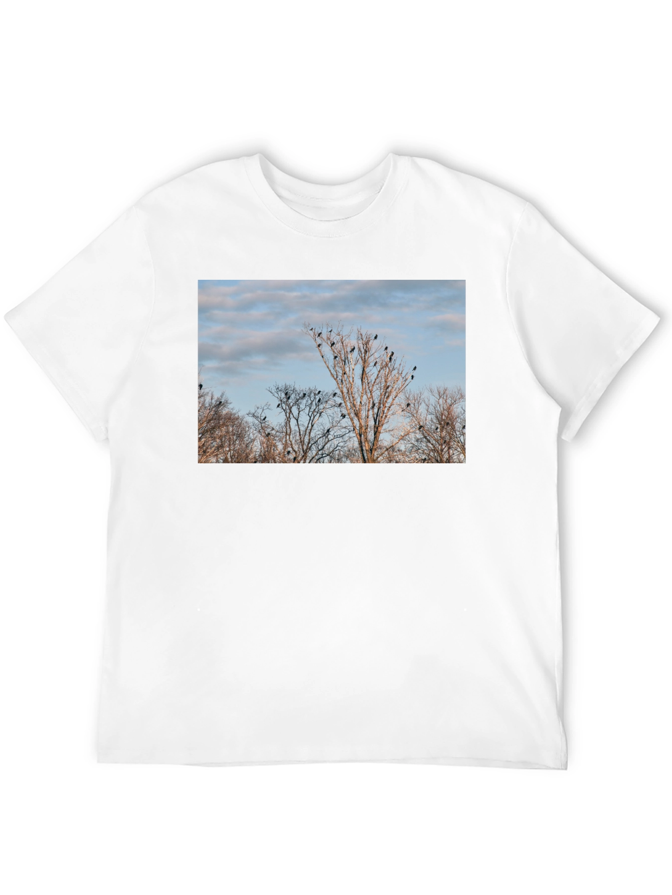 Camiseta Negra con Diseño de Árboles y Cuervos