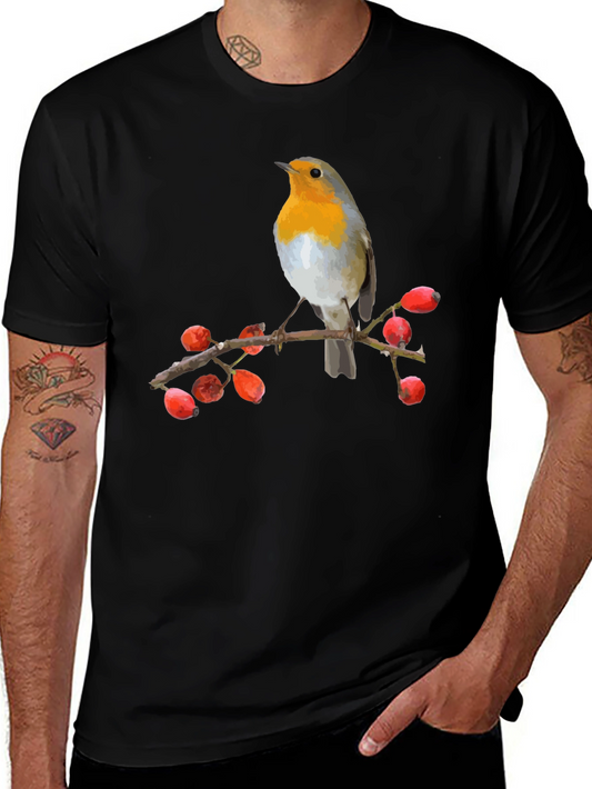 Camiseta Negra con Diseño de Pájaro Robin