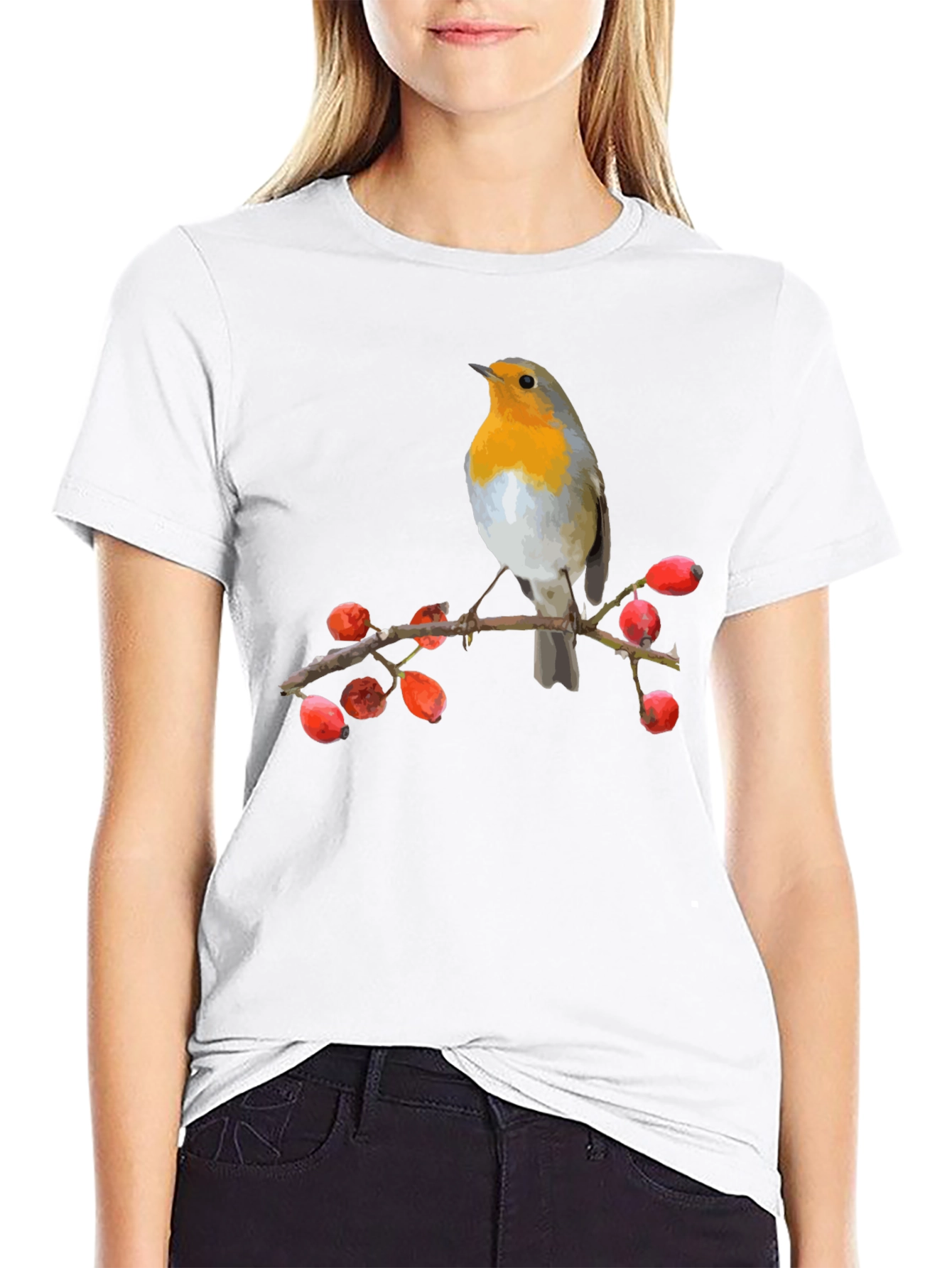 Camiseta Negra con Diseño de Pájaro Robin