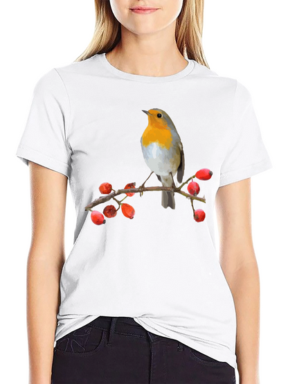 Camiseta Negra con Diseño de Pájaro Robin