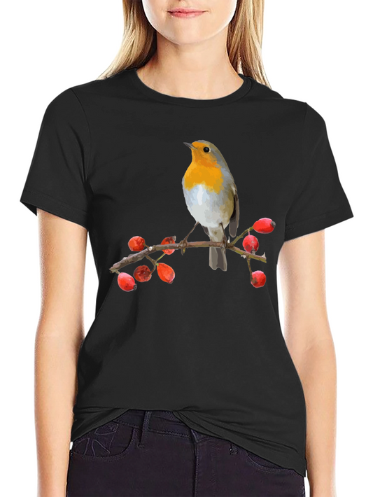 Camiseta Negra con Diseño de Pájaro Robin
