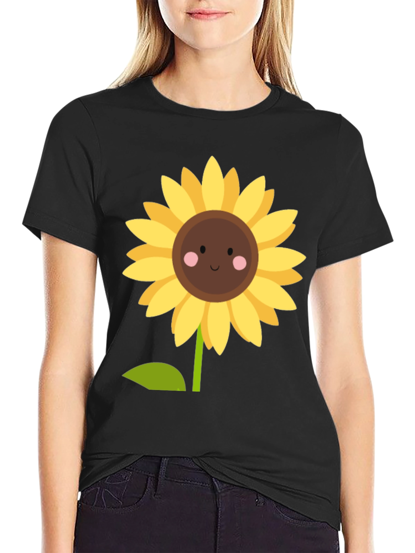 Camiseta Negra con Girasol Kawaii