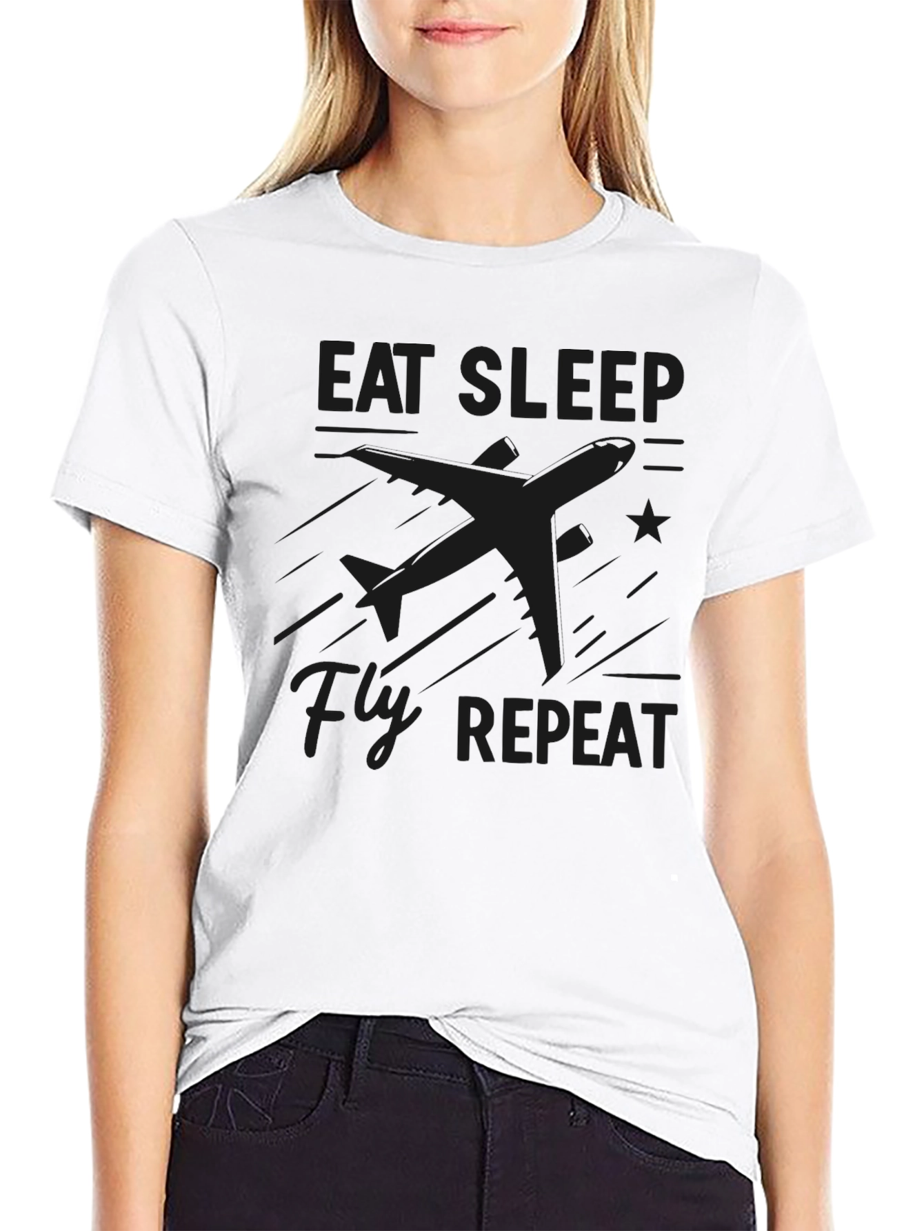 Camiseta Negra Eat Sleep Fly Repeat para Aviadores