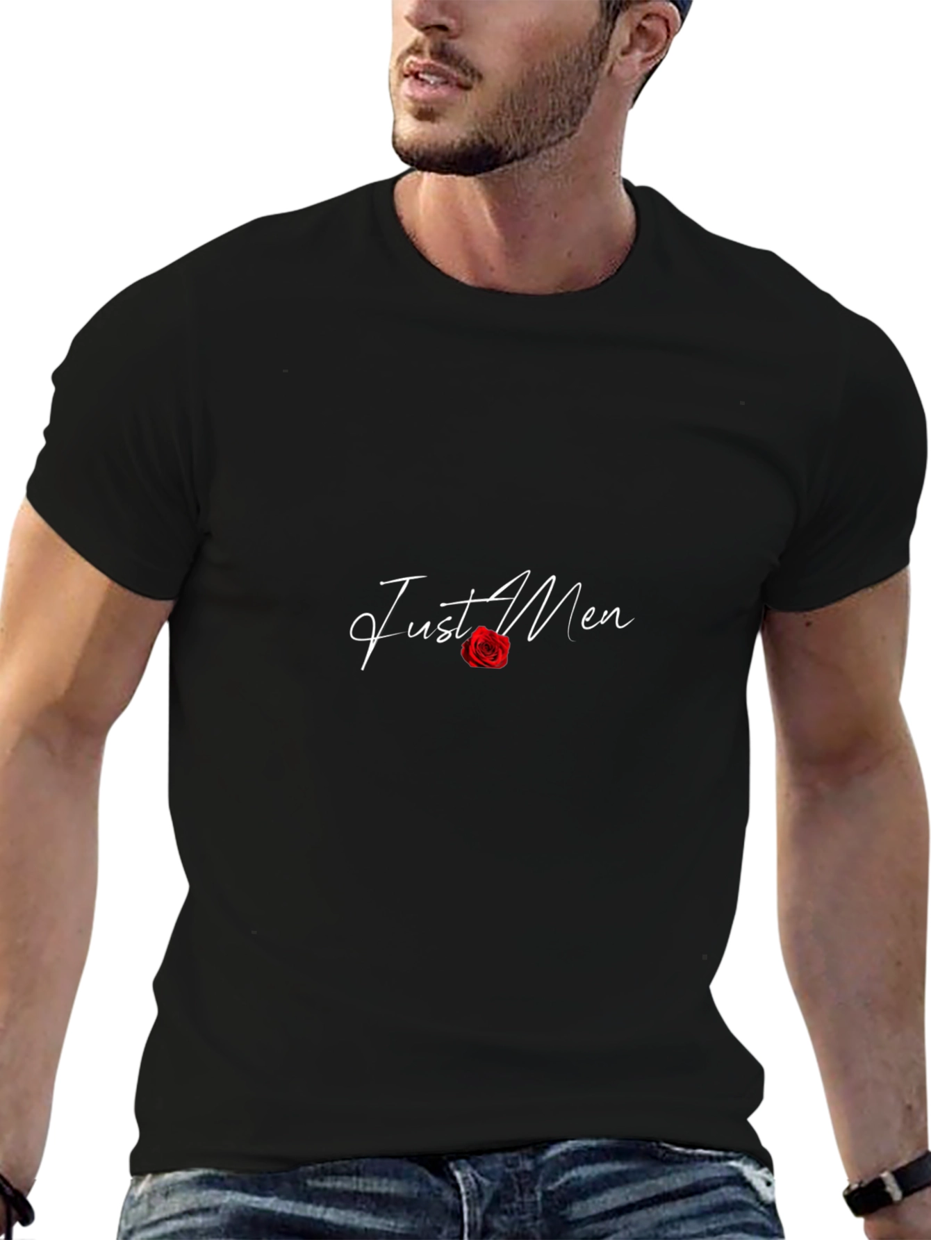 Camiseta Negra Just Men con Rosa Roja