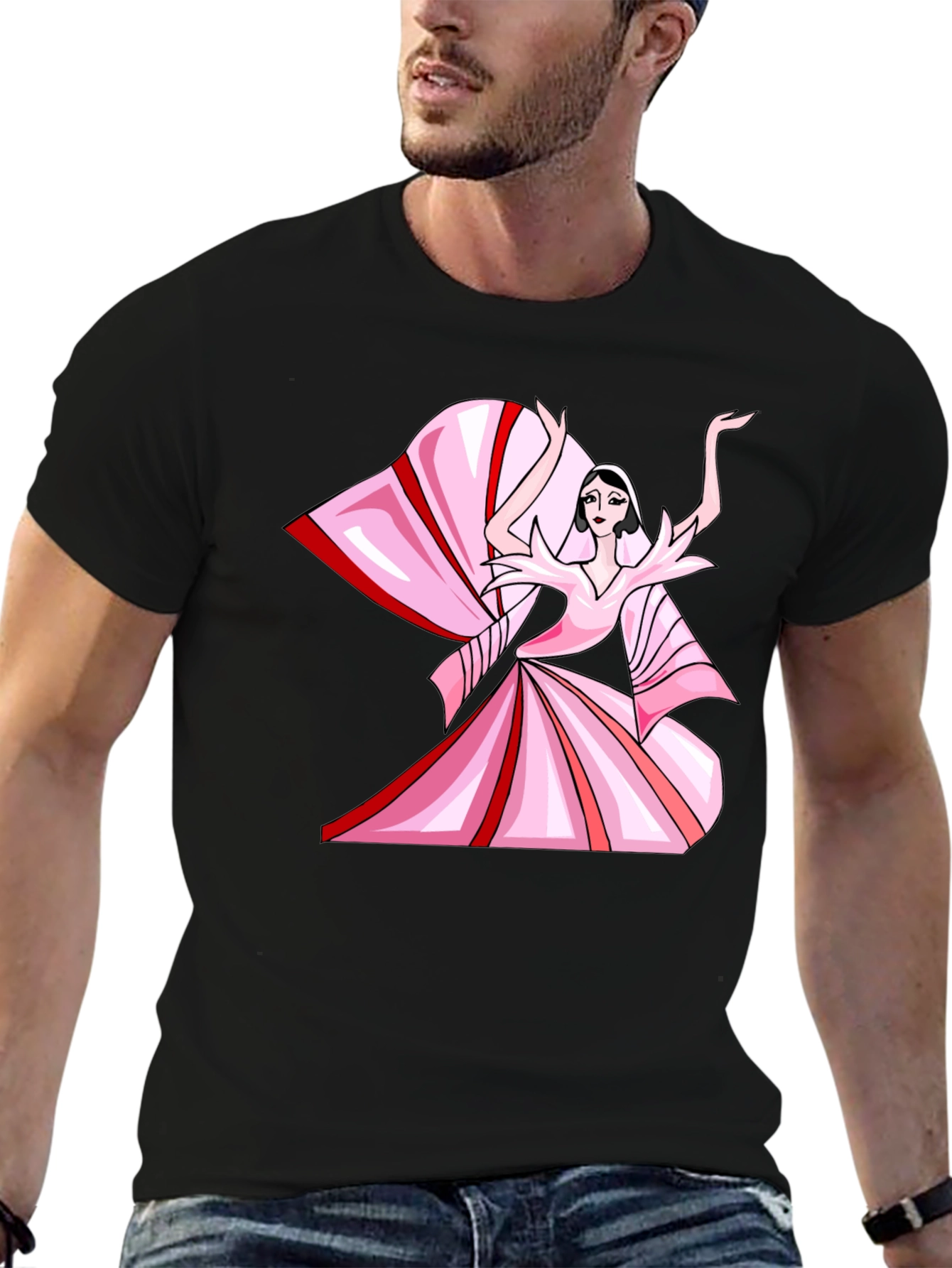 Camiseta Negra con Diseño Artístico Rosa