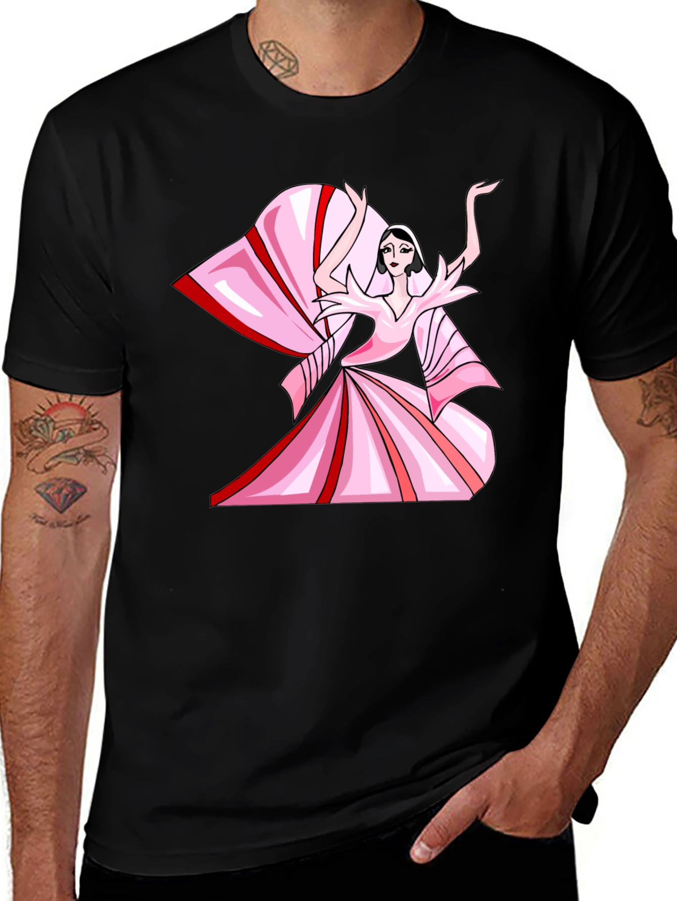 Camiseta Negra con Diseño Artístico Rosa