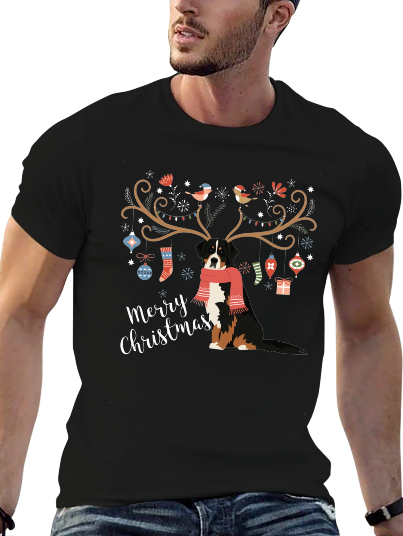 Camiseta Negra Navideña con Diseño de Perro