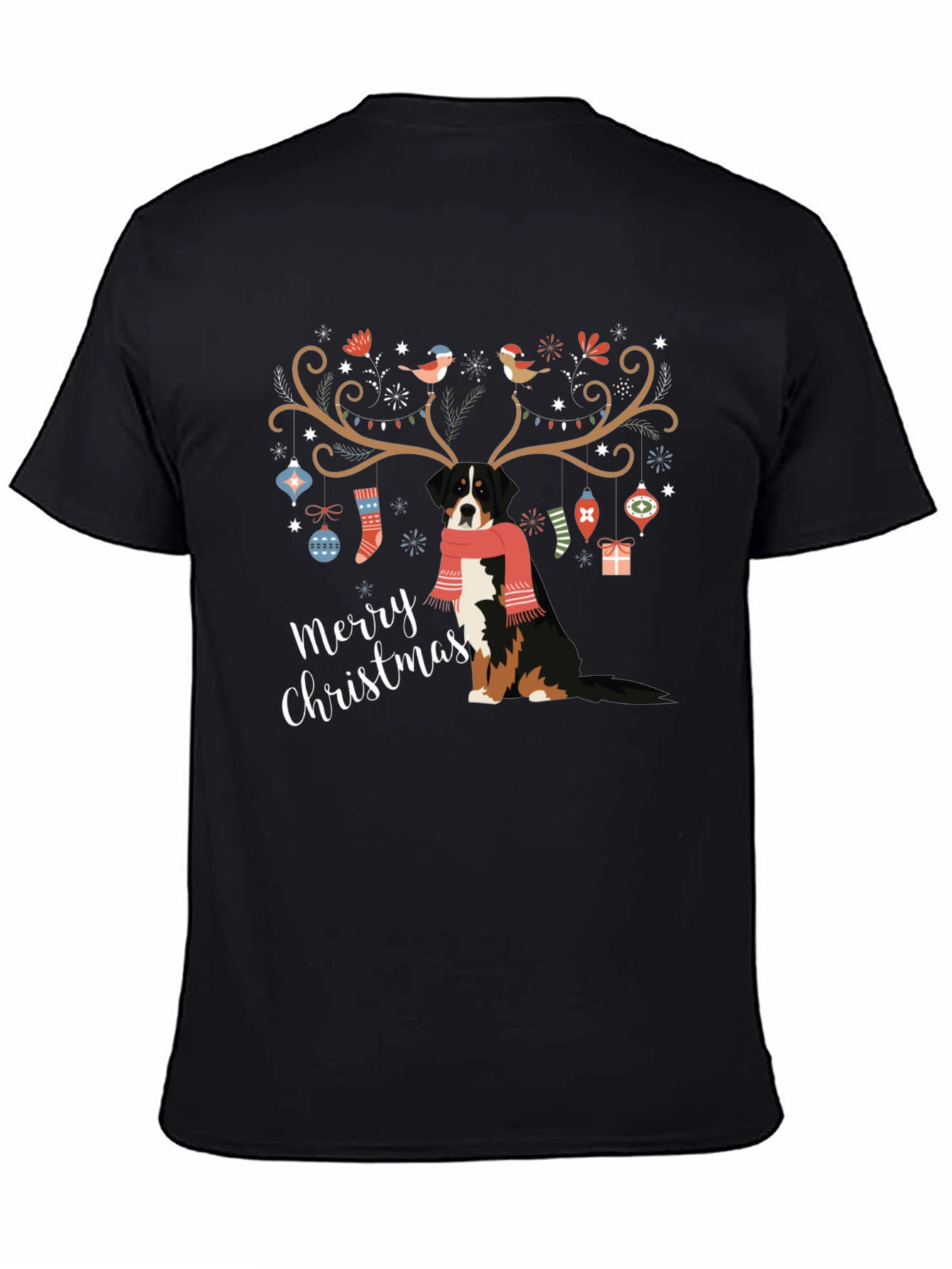Camiseta Negra Navideña con Diseño de Perro