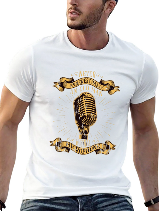 Camiseta Negra con Diseño Retro de Micrófono para Hombre