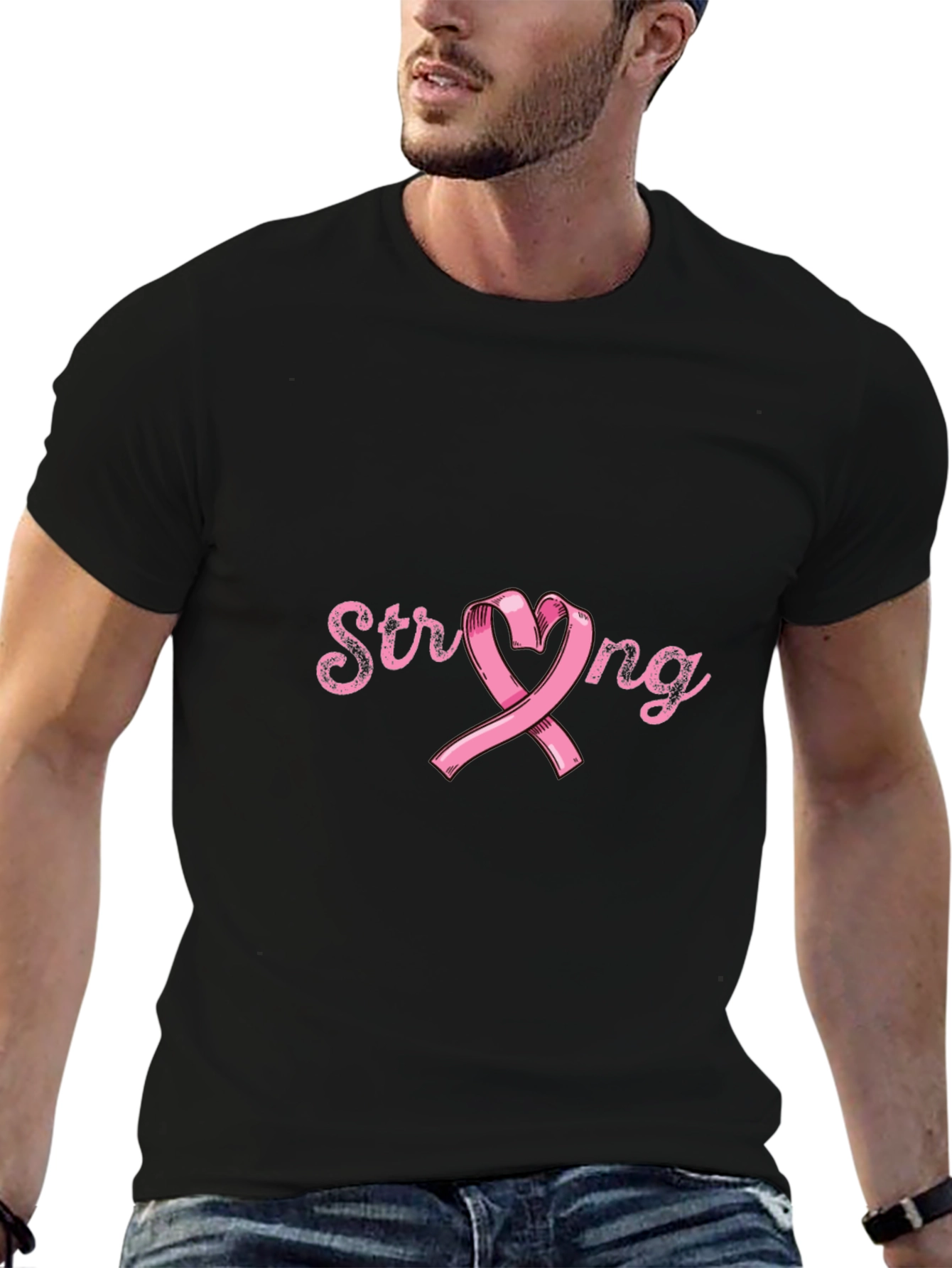 Camiseta Negra Strong Cinta Rosa Conciencia Cáncer