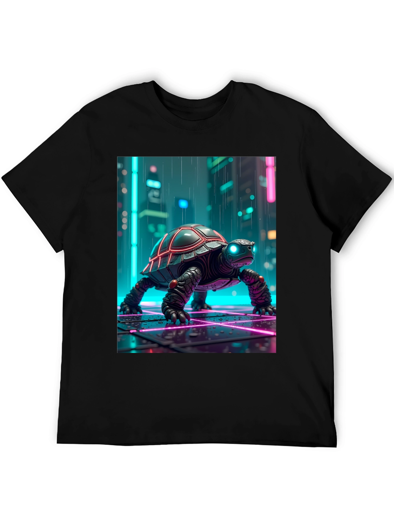 Camiseta Negra con Tortuga Cibernética Neón