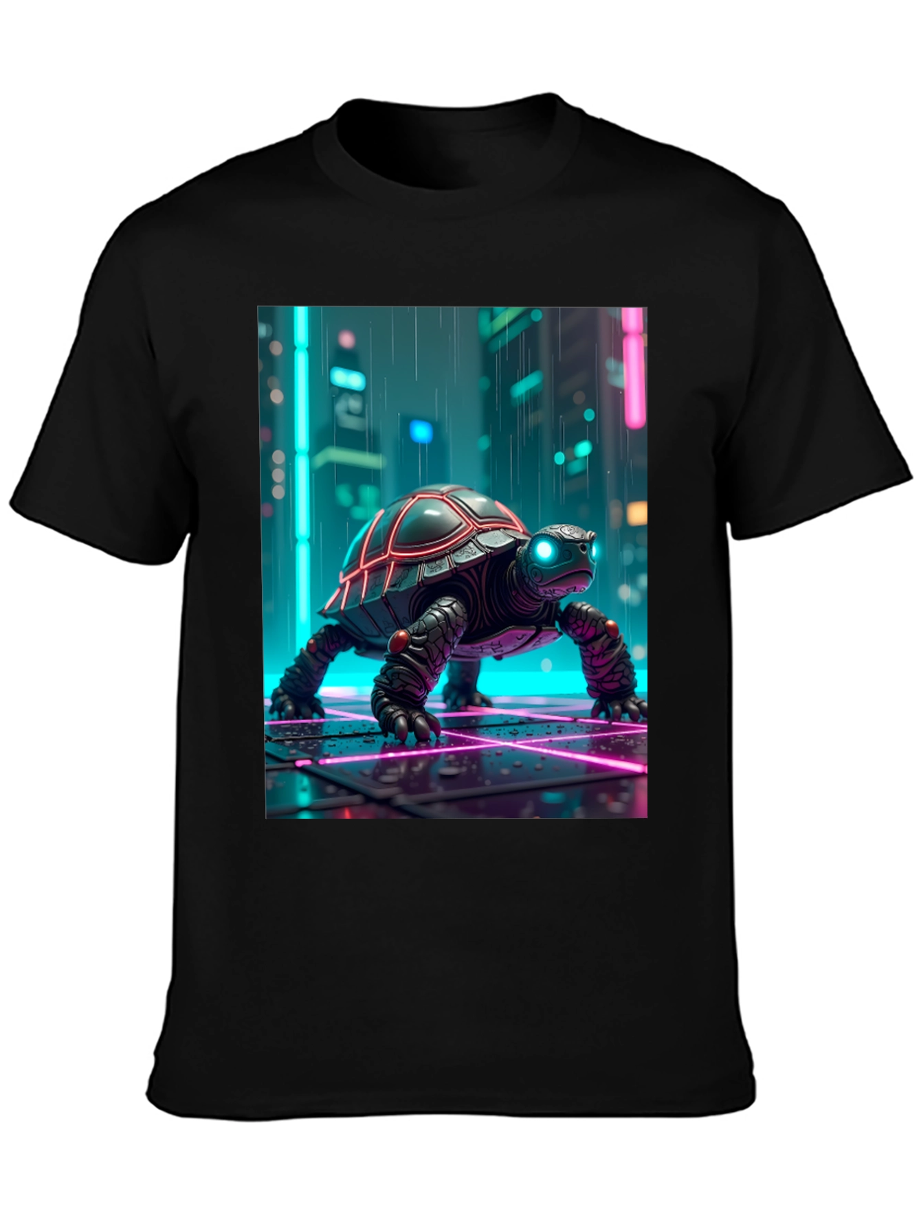 Camiseta Negra con Tortuga Cibernética Neón