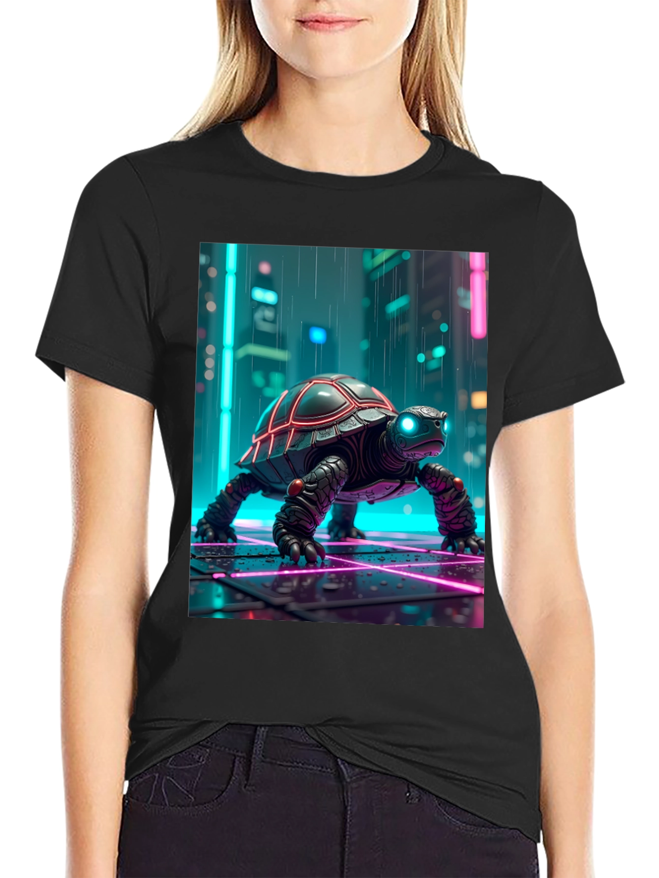 Camiseta Negra con Tortuga Cibernética Neón