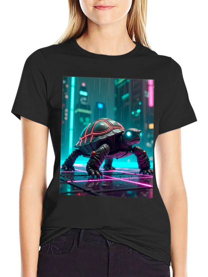Camiseta Negra con Tortuga Cibernética Neón
