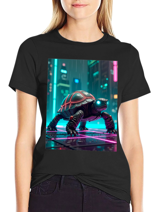 Camiseta Negra con Tortuga Cibernética Neón