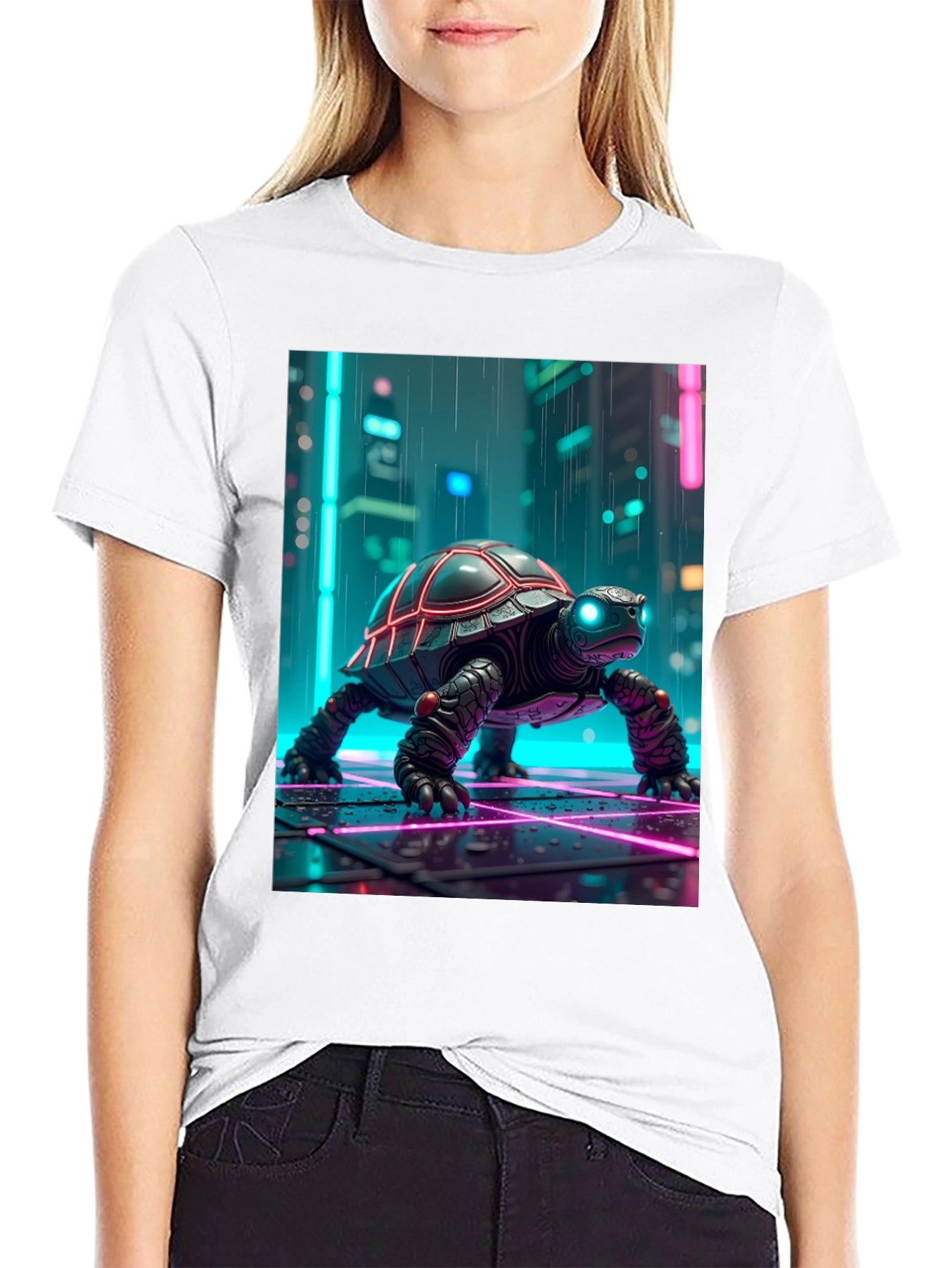 Camiseta Negra con Tortuga Cibernética Neón