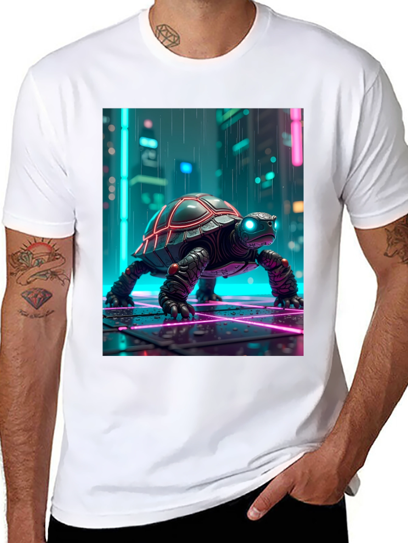 Camiseta Negra con Tortuga Cibernética Neón