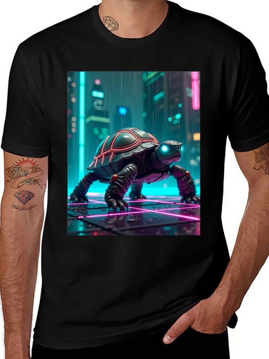 Camiseta Negra con Tortuga Cibernética Neón