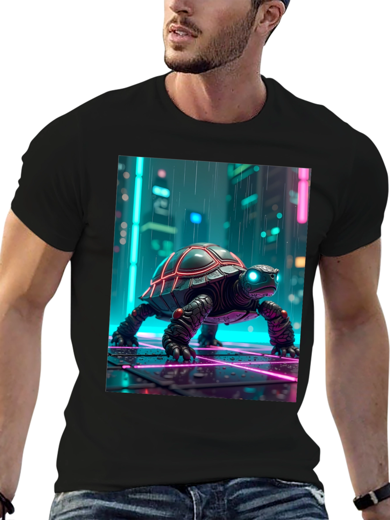 Camiseta Negra con Tortuga Cibernética Neón