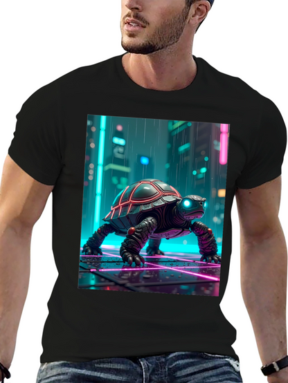 Camiseta Negra con Tortuga Cibernética Neón
