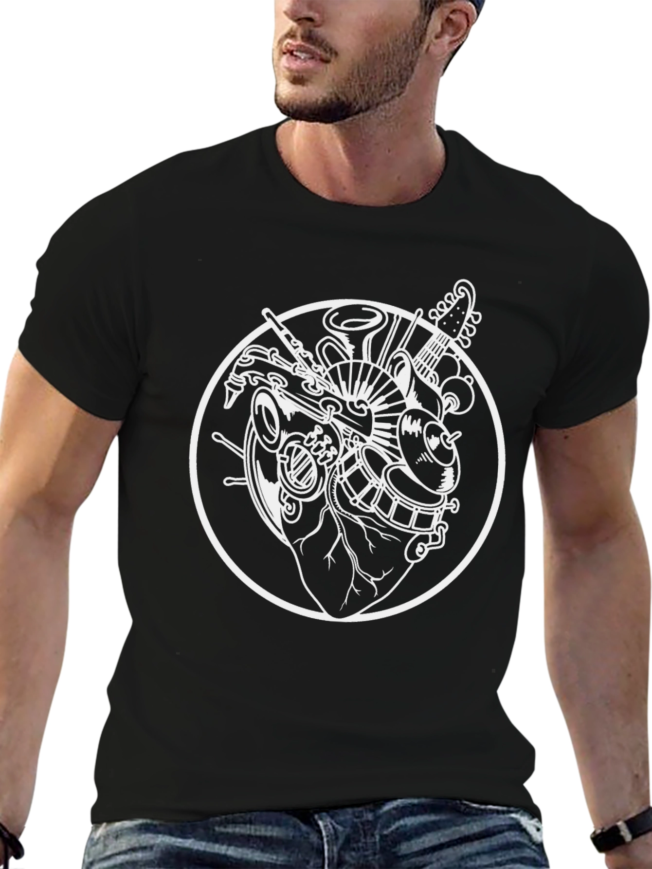 Camiseta Negra Diseño Corazón Musical