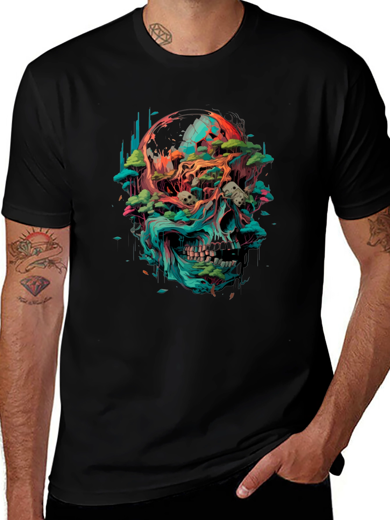 Camiseta Negra con Diseño de Cráneo y Naturaleza