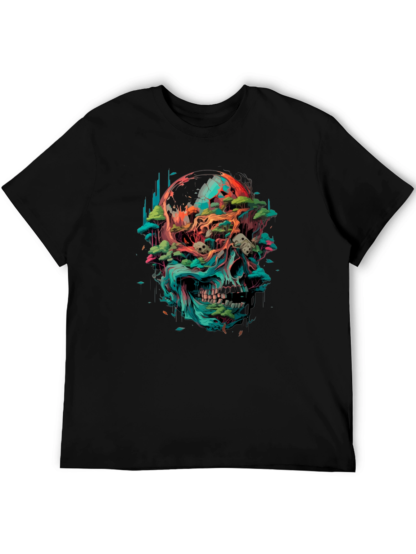Camiseta Negra con Diseño de Cráneo y Naturaleza