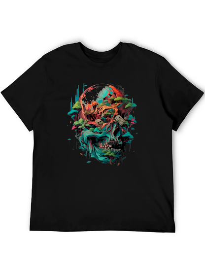 Camiseta Negra con Diseño de Cráneo y Naturaleza