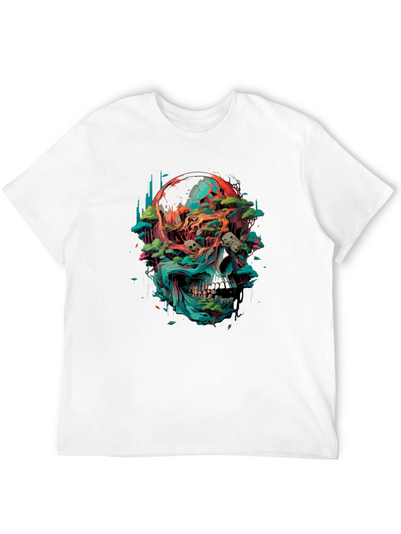 Camiseta Negra con Diseño de Cráneo y Naturaleza