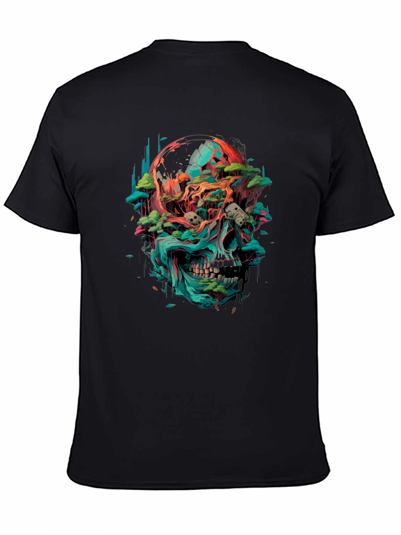 Camiseta Negra con Diseño de Cráneo y Naturaleza